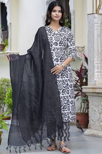 White-black embroidered cotton salwar suit