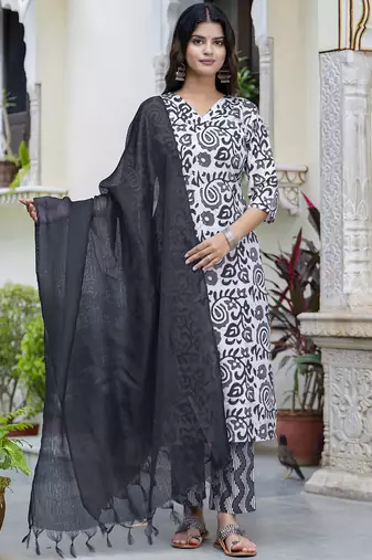 White-black embroidered cotton salwar suit