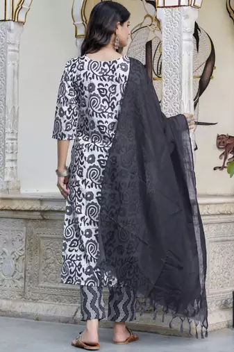 White-black embroidered cotton salwar suit
