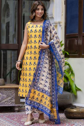 Yellow embroidered cotton salwar suit