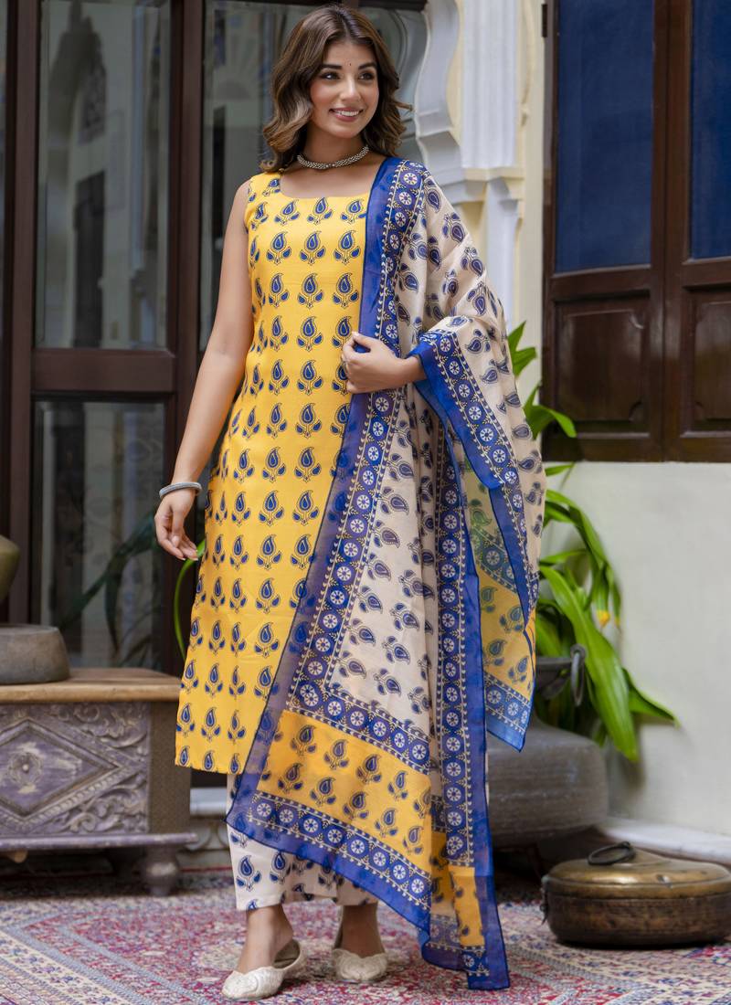 Yellow embroidered cotton salwar suit