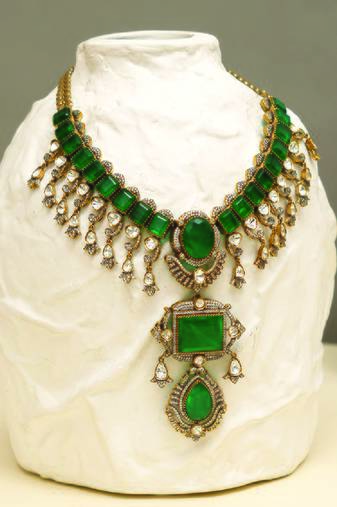 Gold plated kundan green stones necklace set