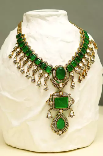 Gold plated kundan green stones necklace set