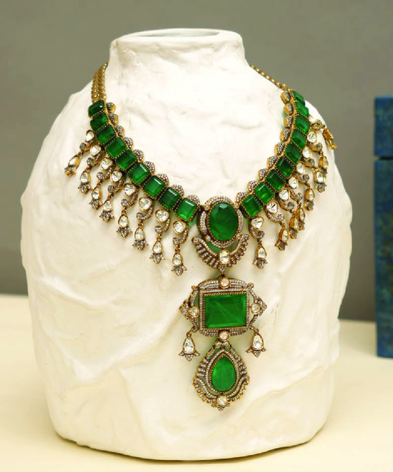 Gold plated kundan green stones necklace set