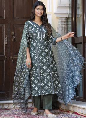 Dark-green embroidered cotton salwar suit 1