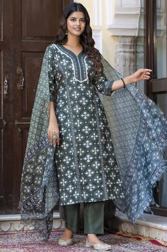Dark-green embroidered cotton salwar suit