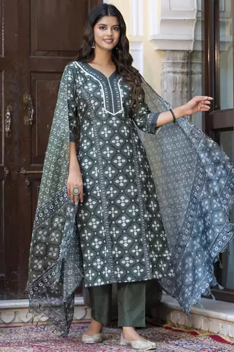 Dark-green embroidered cotton salwar suit