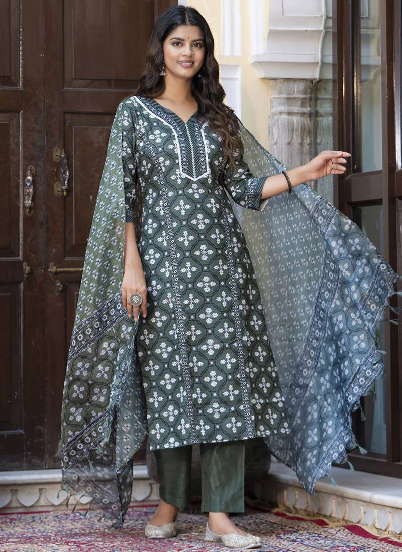Dark-green embroidered cotton salwar suit