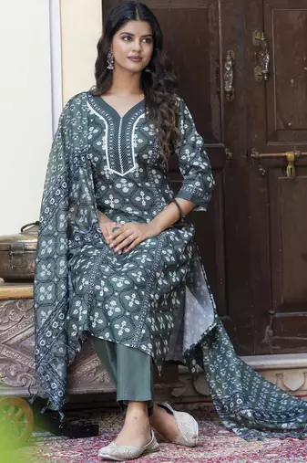 Dark-green embroidered cotton salwar suit