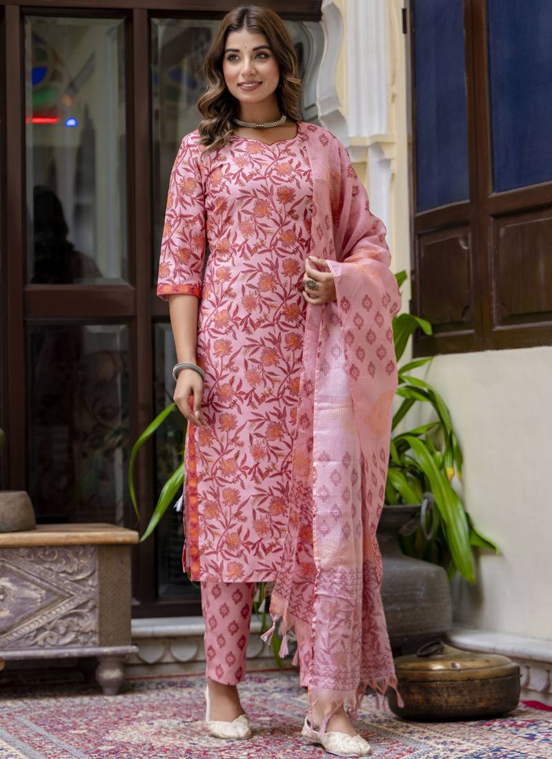 Baby-pink embroidered cotton salwar suit