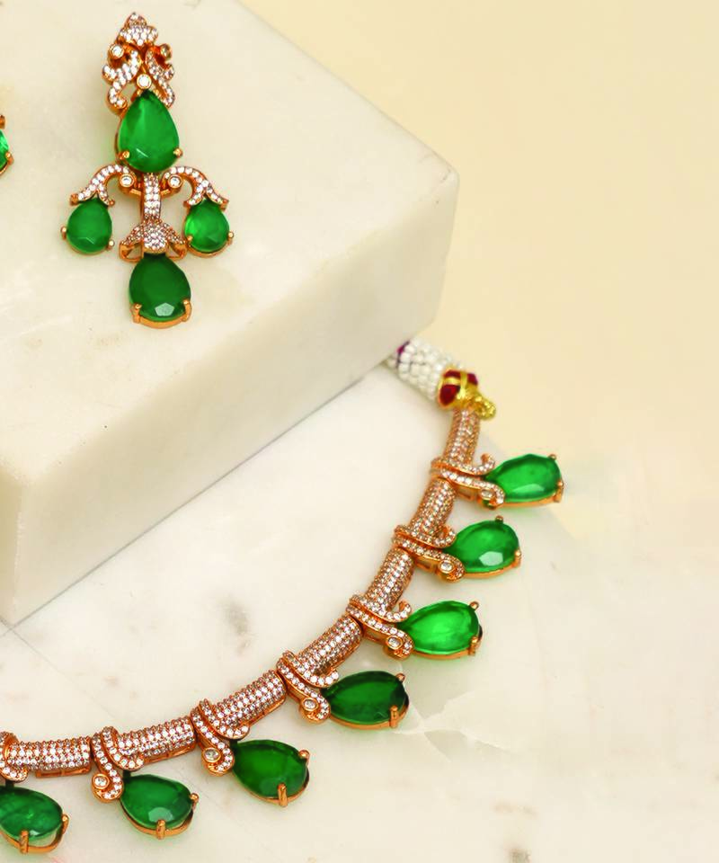 Zircon studded green stones choker necklace set