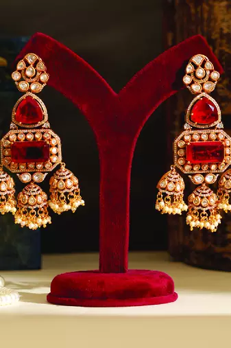 Gold plated red stones jhumkas