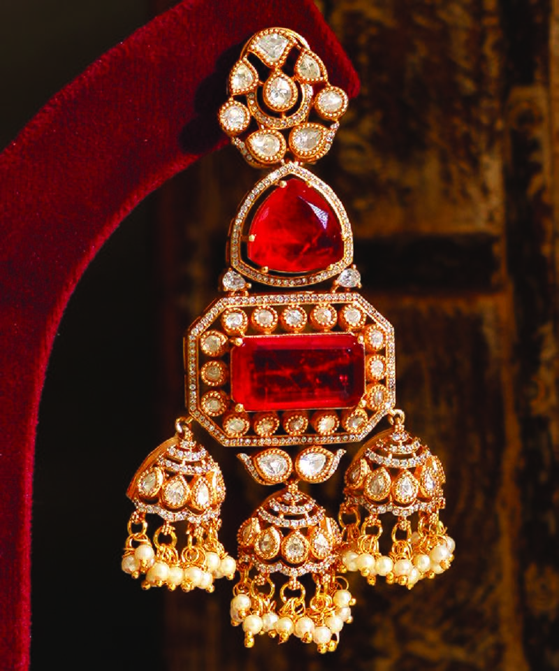 Gold plated red stones jhumkas