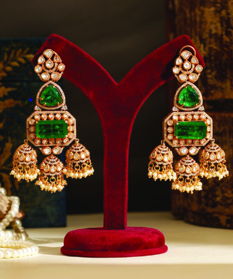Gold plated green stones jhumkas