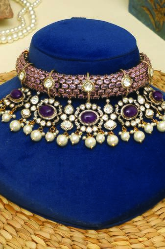 Gold plated purple stones beaded choker set