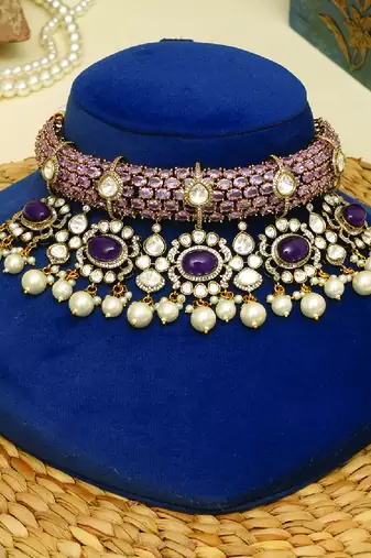 Gold plated purple stones beaded choker set