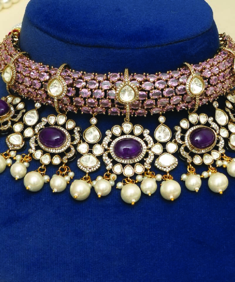Gold plated purple stones beaded choker set