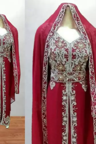 red net gown with zari embroidery and stone work