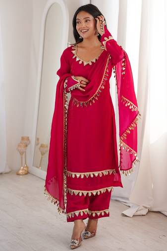 Elegant fendy silk palazzo suit set with real mirror lace work dupatta – fully stitched