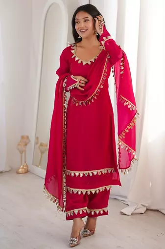 Elegant fendy silk palazzo suit set with real mirror lace work dupatta – fully stitched