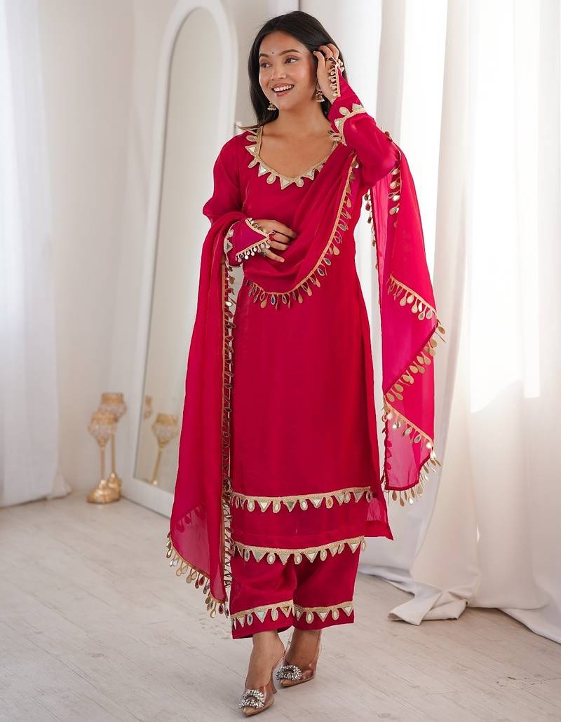 Elegant fendy silk palazzo suit set with real mirror lace work dupatta – fully stitched