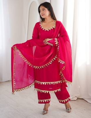 hot pink silk blend palazzo suit with mirror lace work 2