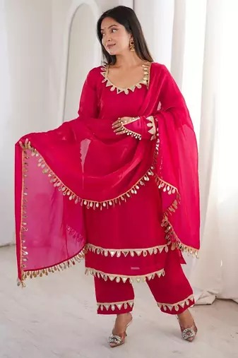 hot pink silk blend palazzo suit with mirror lace work