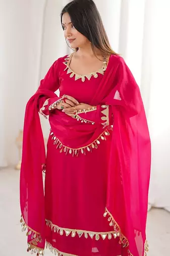 hot pink silk blend palazzo suit with mirror lace work