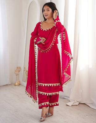 hot pink silk blend palazzo suit with mirror lace work 4