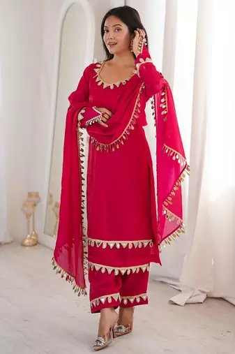 hot pink silk blend palazzo suit with mirror lace work