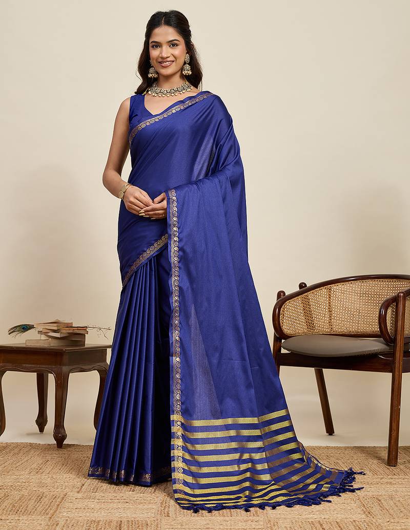 Navy blue banarasi silk saree zari woven wedding traditional with blouse elegant party wear