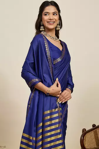 Navy blue banarasi silk saree zari woven wedding traditional with blouse elegant party wear