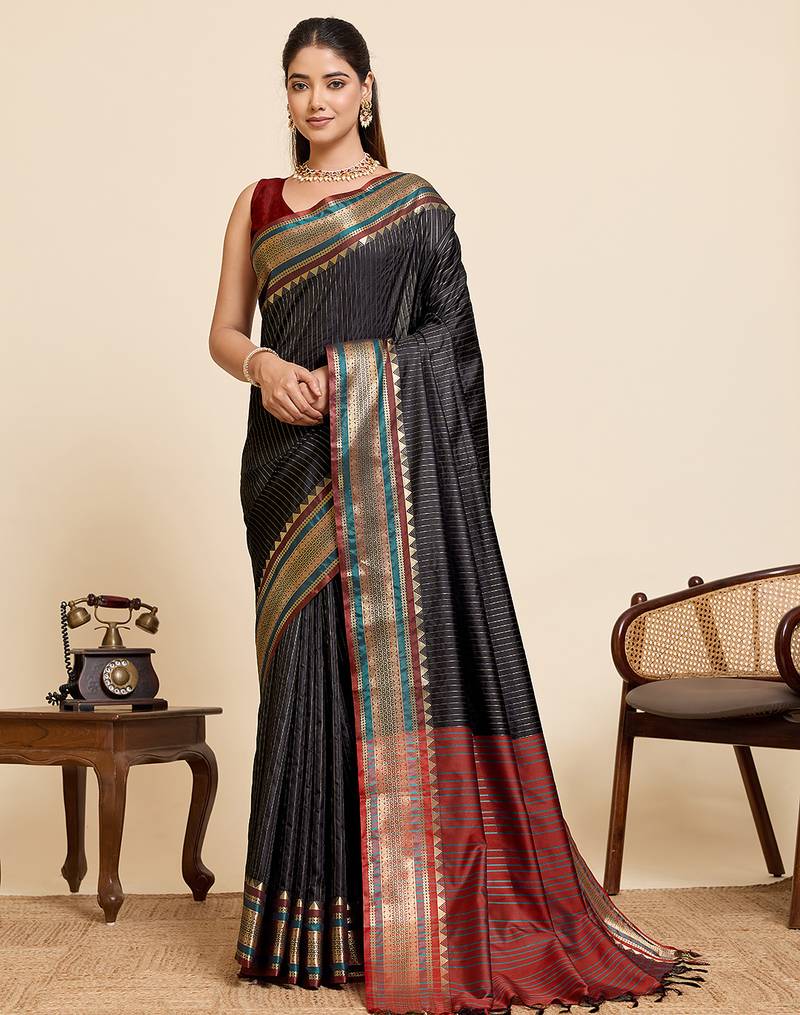 Black zari woven pure banarasi silk saree traditional wedding wear with blouse elegant