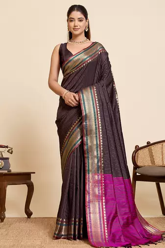 Brown banarasi silk saree zari woven wedding traditional saree with blouse design