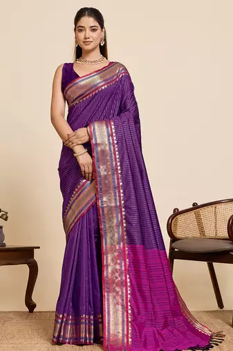 Purple banarasi silk saree zari woven handloom wedding traditional saree with blouse
