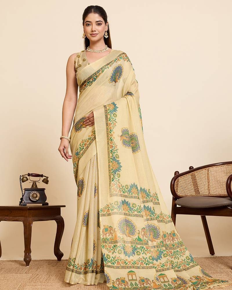 Beige linen zari woven printed saree traditional wedding wear with blouse floral design