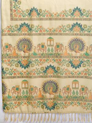 Beige linen zari woven printed saree traditional wedding wear with blouse floral design 5