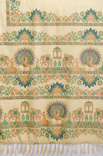 Beige linen zari woven printed saree traditional wedding wear with blouse floral design