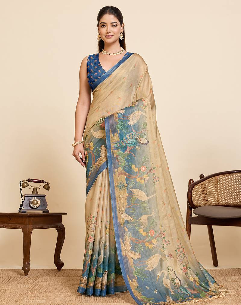 Light beige linen printed saree with zari woven border traditional wedding saree with blouse design
