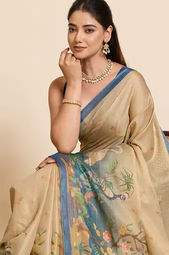 Light beige linen printed saree with zari woven border traditional wedding saree with blouse design