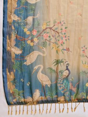 Light beige linen printed saree with zari woven border traditional wedding saree with blouse design 5