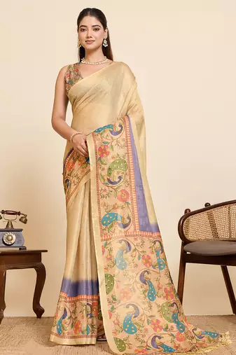 Cream linen floral printed zari woven saree traditional wedding wear with blouse style