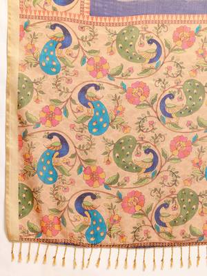 Cream linen floral printed zari woven saree traditional wedding wear with blouse style 5