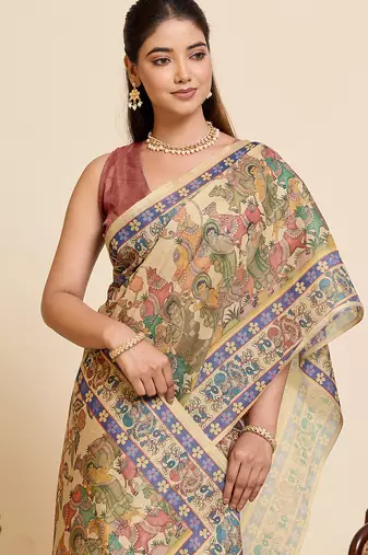Multi-colored linen saree zari woven printed floral traditional wedding saree with blouse