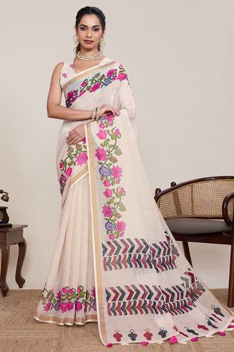 Cream floral printed linen saree with blouse zari border traditional festival wear elegant look