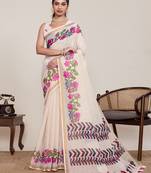 Cream floral printed linen saree with blouse zari border traditional festival wear elegant look