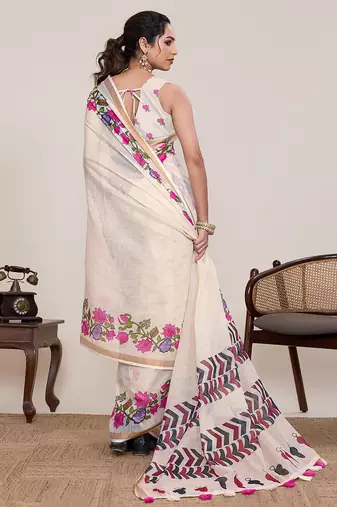 Cream floral printed linen saree with blouse zari border traditional festival wear elegant look