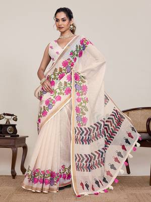 Cream floral printed linen saree with blouse zari border traditional festival wear elegant look 3