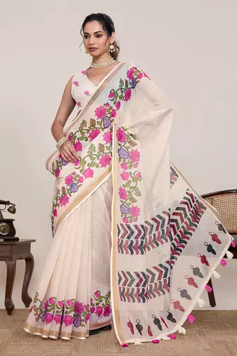 Cream floral printed linen saree with blouse zari border traditional festival wear elegant look