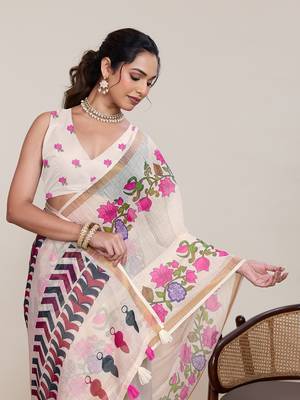 Cream floral printed linen saree with blouse zari border traditional festival wear elegant look 4